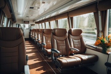Fototapeta premium Interior of the train car with seats and armrests.