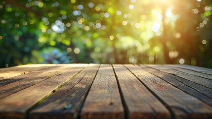 An empty wooden tabletop with a blurred background capturing the essence of summer. A vibrant and lively image.