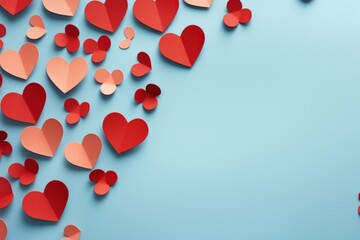 Valentine's day background with red paper hearts on blue background