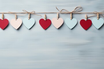 Colorful hearts hanging on rope on wooden background, valentines day concept
