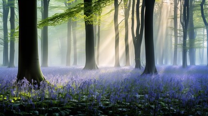 Misty Bluebell Wood at Dawn - AI Generated