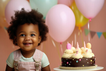 Fototapeta na wymiar dark-skinned curly child, with birthday cream cake and balloons