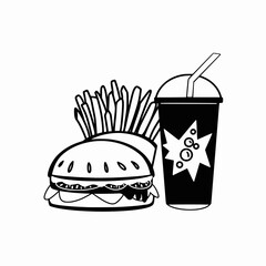 Set of fast food, hamburger, sparkling water, and french fries, Cartoon doodle line art black and white hand drawn vector Illustration,  isolated on white background