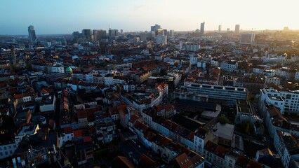 Aerial around the capital city Brussels in Belgium on an early morning in late fall.