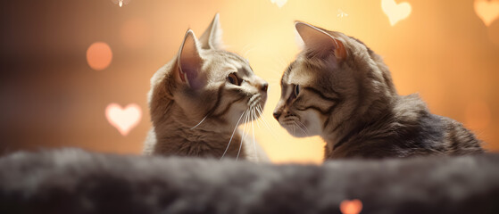 Capturing the essence of love on Valentine's Day, two stunning cats engage in a heartfelt gaze, symbolizing their affectionate bond. - obrazy, fototapety, plakaty