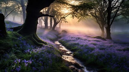 Misty Bluebell Wood at Dawn - AI Generated