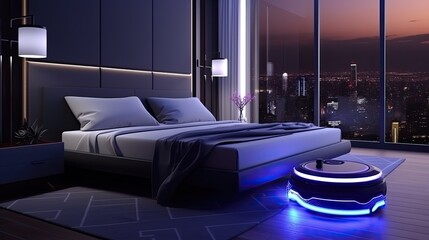 The robot vacuum works well in a modern day bedroom, in the style of realistic hyper-detailed 
