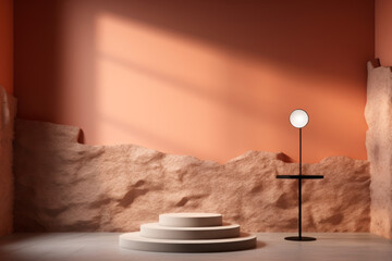 Modern podium with lamp and rough stone backdrop