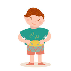 Little cute boy is playing toy childish drum. Music vector cartoon illustration.