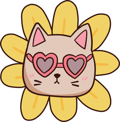  funny cat  with sunglasses heart shape and flower Doodle cartoon style. animal on spring vector illustration. 