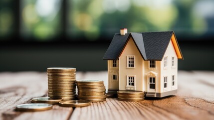 Two piles of money and a house in the background, representing that it takes a lot of money to buy a house 