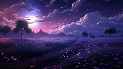 Moonlit Lavender Field and Starry Sky - AI Generated