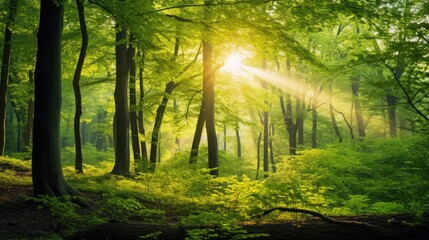 A forest with rays of golden sunlight shining through the vibrant green leaves