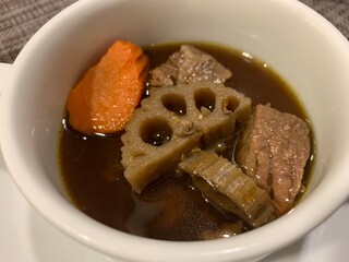 stew with vegetables, carrots, tofu and lotus root boil in soy sauce soup