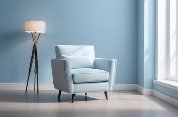 interior design. cozy room in classical style with blue walls, comfortable armchair and lamp