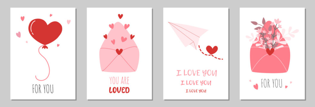 Valentine's day hand drawn greeting cards collection. Vector postcards with declaration of love on isolated background. Simple design with heart shaped balloons, envelope, flowers. Poster Template