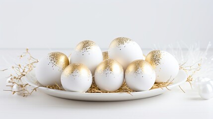 Fototapeta na wymiar White eggs with gold decorations on a white background