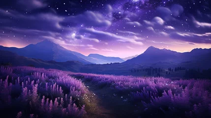 Gordijnen Moonlit Lavender Field and Starry Sky - AI Generated © VisualMarketplace