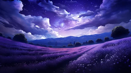 Zelfklevend Fotobehang Moonlit Lavender Field and Starry Sky - AI Generated © VisualMarketplace