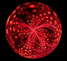 3D illustration. Fractal. Abstract image. Red algae flower in a red transparent ball on a black background. Graphic element, texture for web design.