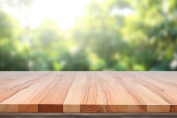 Wood table green plant blurred background.
