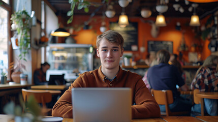 Fototapeta premium Man working on laptop in a coffee shop