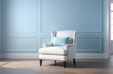 Classic style interior with comforting blue walls, stucco, elegant molding and armchair.