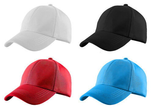 White, black, red and blue baseball cap mockup template isolated on white or transparent background.