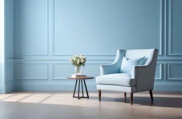 comfortable armchair in classic-style setting of the cozy interior with blue walls, stucco, molding.