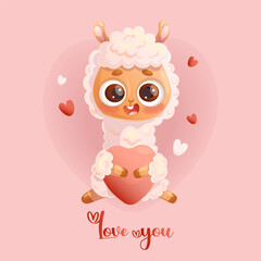 Llama Alpaca. Cute animal in love with heart. Festive romantic valentine. Vector illustration in cartoon style