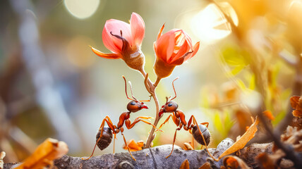 Valentinstag, Ameisen schenken sich Blumen. - obrazy, fototapety, plakaty