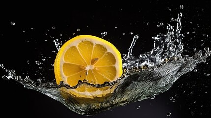 Lemon fruit falling with water splash