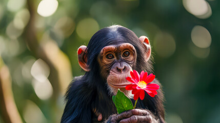Valentinstag, Schimpansen schenken sich Blumen.