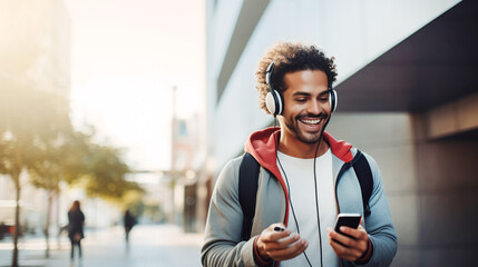 Portrait of happy young afro man using his mobile phone with headphones for listening to music outdoors. Technology, urban and lifestyle concept.