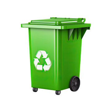 Green Garbage Container with Recycling Symbol, isolated on Transparent Background.