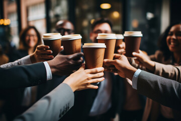 A team of colleagues in a celebratory moment, toasting with coffee cups after achieving a significant milestone, representing shared successes in the workplace