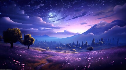 Moonlit Lavender Field and Starry Sky - AI Generated