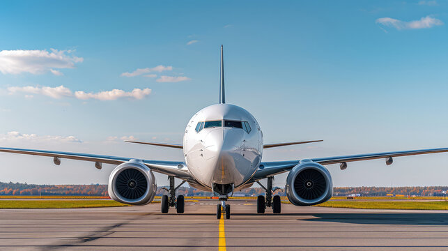 Front view of an airplane on the runway