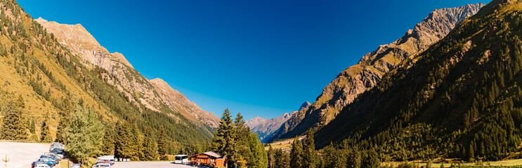 High resolution stitched alpine summer panorama near Mittelberg, Pitztal valley, Imst, Tyrol, Austria
