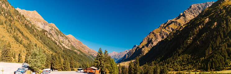 High resolution stitched alpine summer panorama near Mittelberg, Pitztal valley, Imst, Tyrol,...