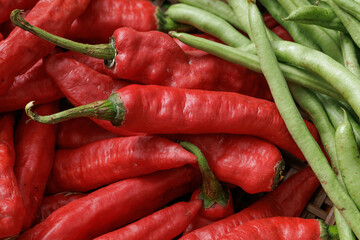 Red hot chili pepper and long beans. Red and green vegetables.
