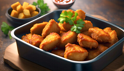 classic chicken nuggets, food in a container, boneless wings or BBQ chicken breast pieces with hot sauce,