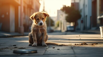 Horizontal AI illustration, little dog abandoned in the street starving and cold. Animals concept.