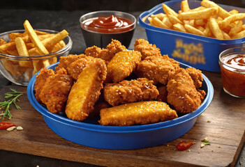 classic chicken nuggets, food in a container, boneless wings or BBQ chicken breast pieces with hot sauce,