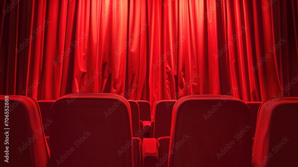 Aufkleber a row of red chairs sitting in front of a red curtained wall with a red light on top of it.