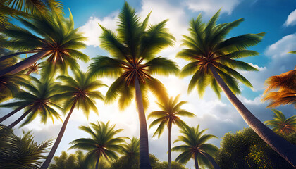 Fototapeta na wymiar bottom view of palmeras en verano en una playa de mexico, beach holiday on the ocean, beautiful palm trees and sky,