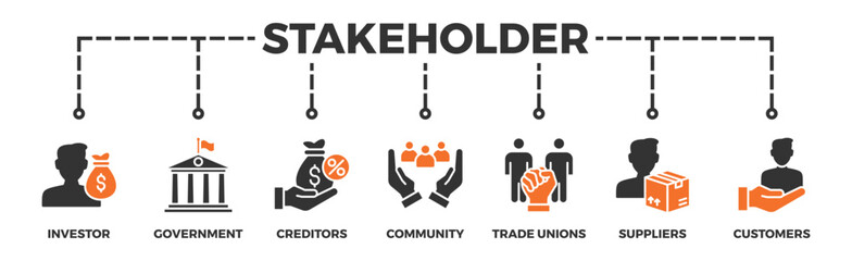 Stakeholder relationship banner web icon vector illustration concept for stakeholder, investor, government, and creditors with icon of community, trade unions, suppliers, and customers