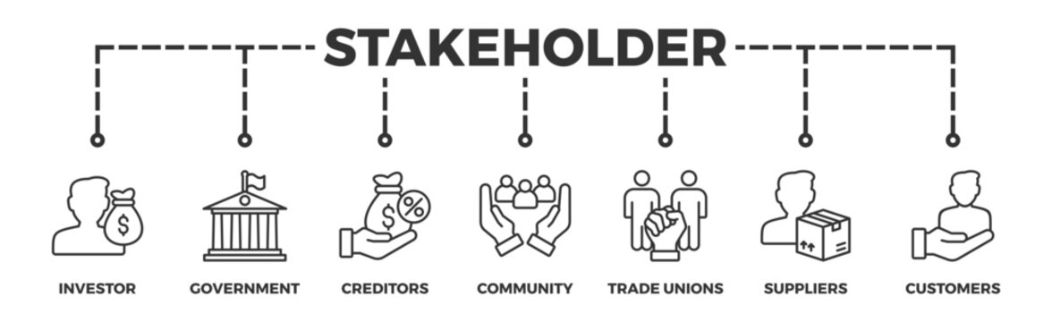 Stakeholder relationship banner web icon vector illustration concept for stakeholder, investor, government, and creditors with icon of community, trade unions, suppliers, and customers