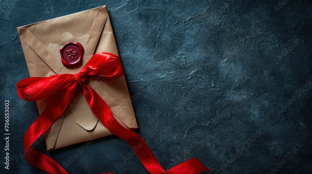 Aufkleber a brown envelope with a red ribbon tied around it and a wax stamp with a button on top of it.