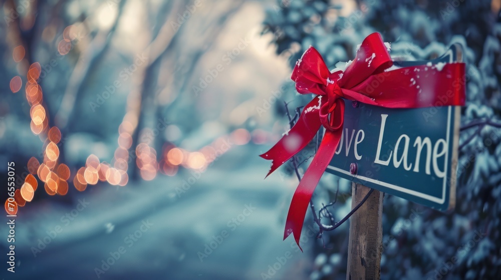 Poster a close up of a street sign with a red bow on the front of it and trees in the background.